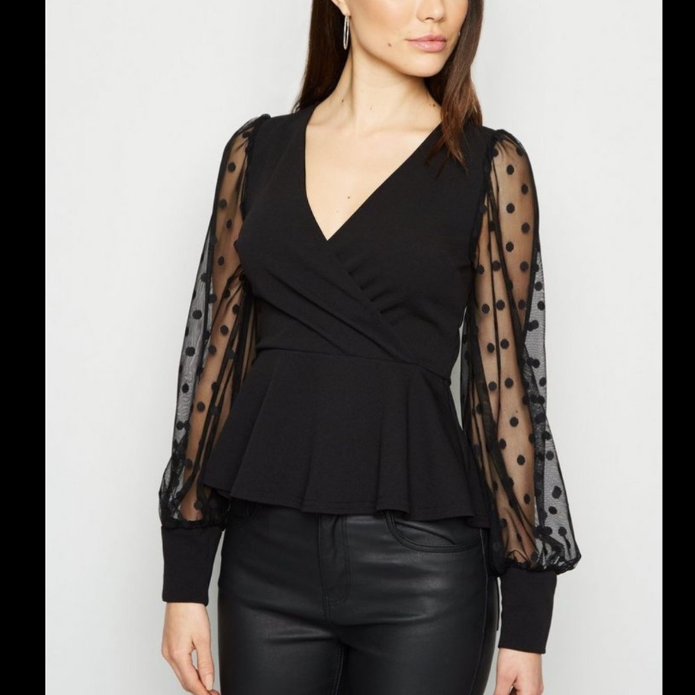 New Look Black wrap top with mesh sleeves